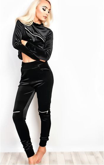 Γυναικείο  βελούδο σετ με φερμουάρ σε μαύρο και ροζ χρώμα