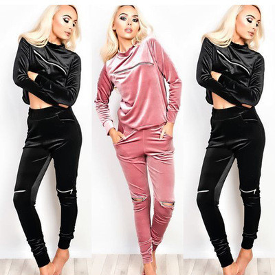 Γυναικείο  βελούδο σετ με φερμουάρ σε μαύρο και ροζ χρώμα