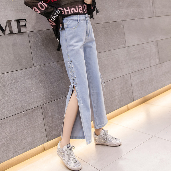 Modern női farmer magas derékkal, oldalsó megkötővel, két színben