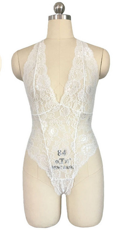 Дантелено дамско боди с V-образно деколте и изрязан гръб в бял и черен цвят