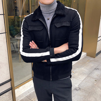 Модерно мъжко яке с джобове и мека подплата в черен и бежов цвят