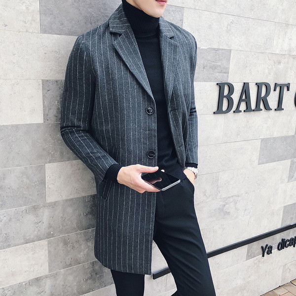 Стилно мъжко раирано палто с V-образна яка в два цвята 