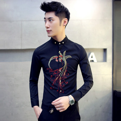 Стилна мъжка риза с цветна бродерия в три цвята