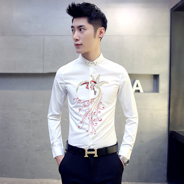 Стилна мъжка риза с цветна бродерия в три цвята 