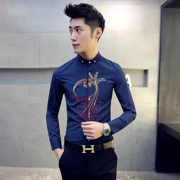 Стилна мъжка риза с цветна бродерия в три цвята 