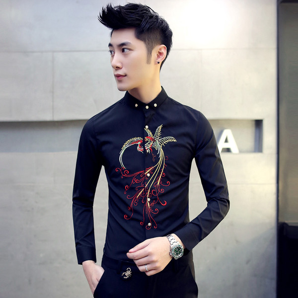 Стилна мъжка риза с цветна бродерия в три цвята 