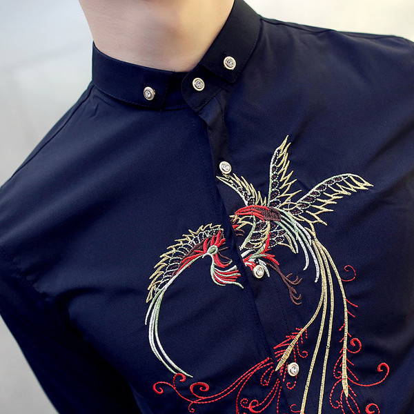 Стилна мъжка риза с цветна бродерия в три цвята 