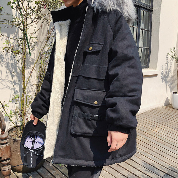 Мъжко зимно яке с джобове и качулка с пух в няколко цвята