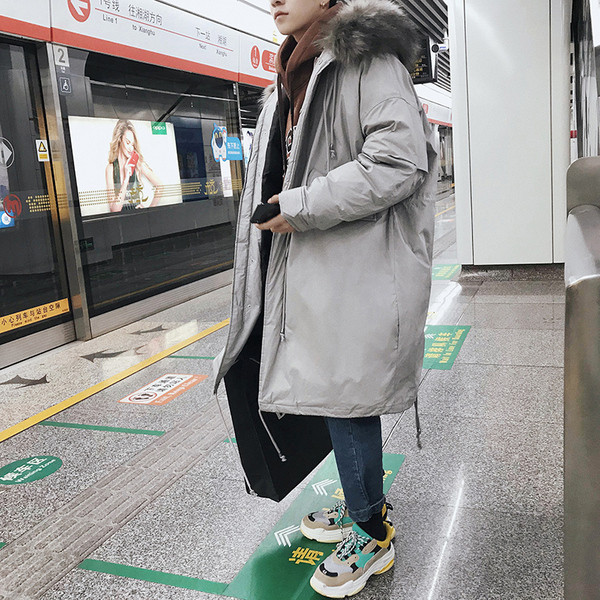 Модерно мъжко зимно яке дълъг модел с качулка и пух в два цвята