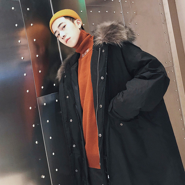 Модерно мъжко зимно яке дълъг модел с качулка и пух в два цвята