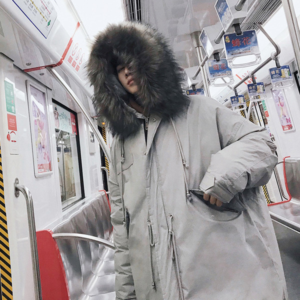 Модерно мъжко зимно яке дълъг модел с качулка и пух в два цвята