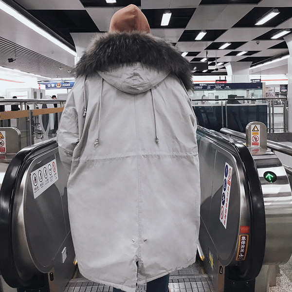 Модерно мъжко зимно яке дълъг модел с качулка и пух в два цвята