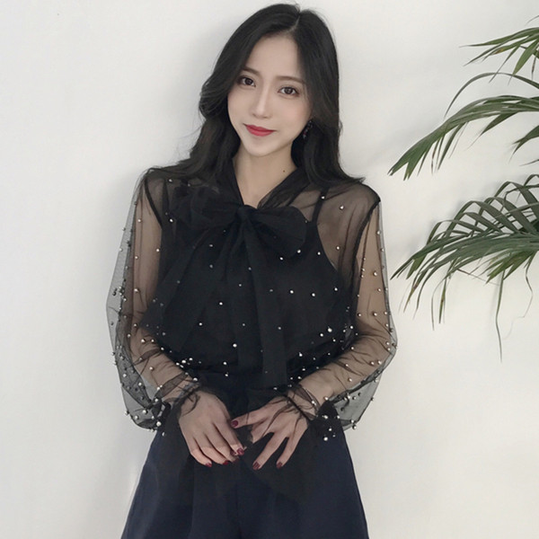 Стилна дамска риза с панделка и перли в няколко цвята