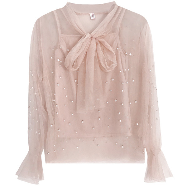 Стилна дамска риза с панделка и перли в няколко цвята