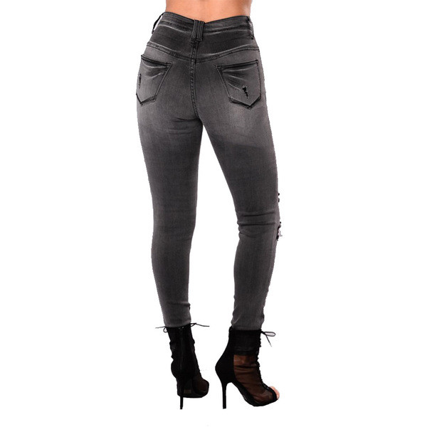 Ежедневни дамски дънки с висока талия и разкъсани мотиви в тъмен цвят