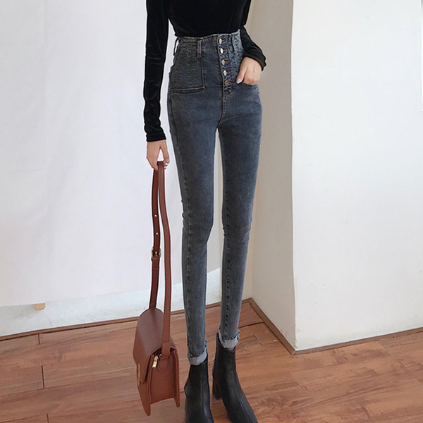 Стилни дамски дънки Slim модел с висока талия и копчета в два цвята