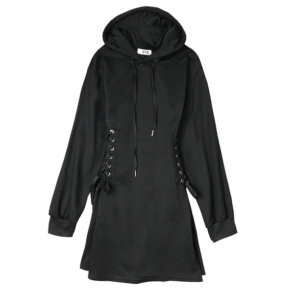 Спортно-ежедневна дамска рокля с качулка и връзки в черен и сив цвят