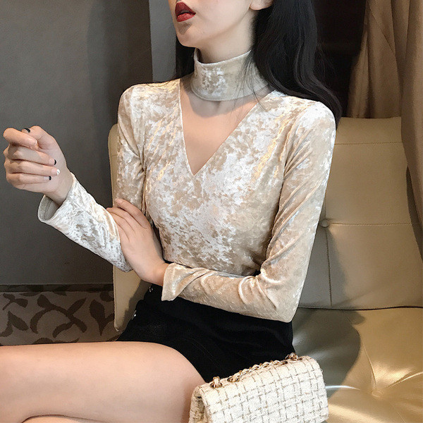 Bluză de damă elegantă din catifea în negru și bej