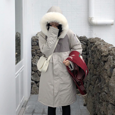Γυναικείο χειμερινό μπουφάν μακρύ σχέδιο με κουκούλα σε ανοιχτό  χρώμα