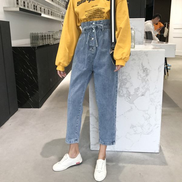 Модерни дамски дънки с еластична талия и връзки - широк модел