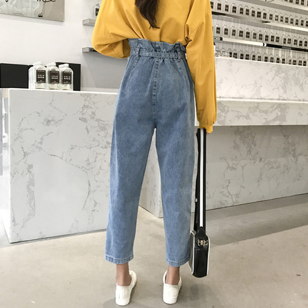 Модерни дамски дънки с еластична талия и връзки - широк модел