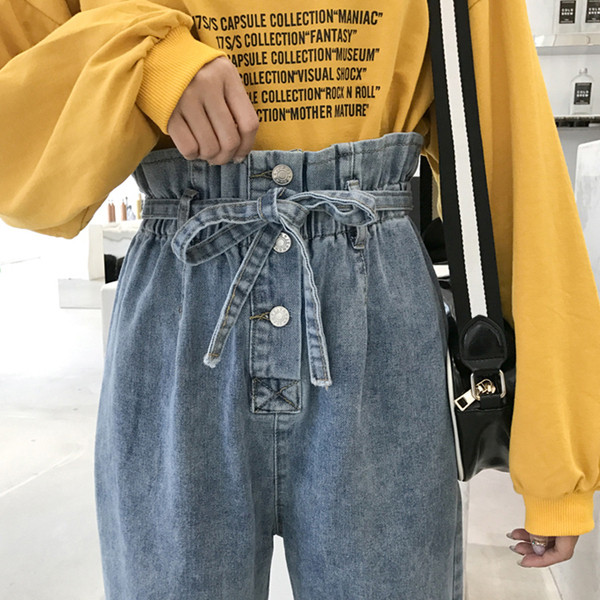 Модерни дамски дънки с еластична талия и връзки - широк модел