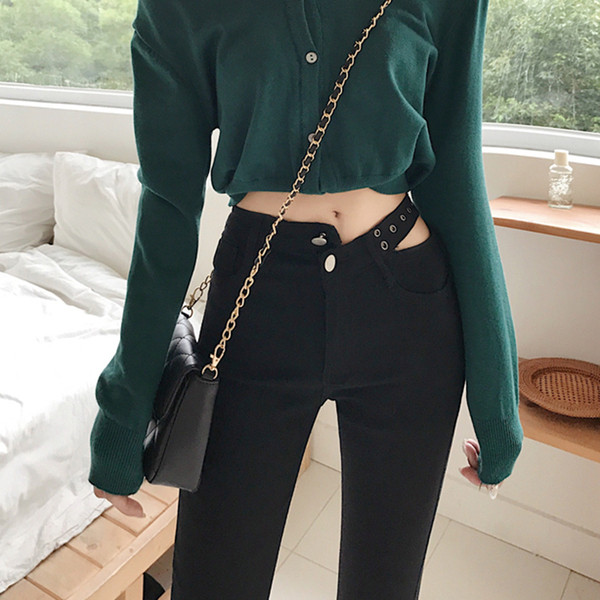 Дамски дънки Slim модел с висока талия в черен цвят