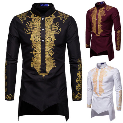 Men`s shirt with ethnic motifs and O-shaped collar in several colors
