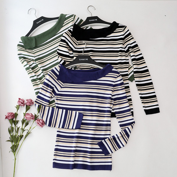 Bluză de damă cu dungi cu umăr căzut în trei culori