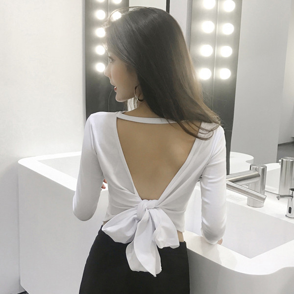 Bluză elegantă de damă cu spatele gol în alb-negru