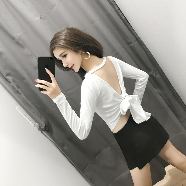 Bluză elegantă de damă cu spatele gol în alb-negru