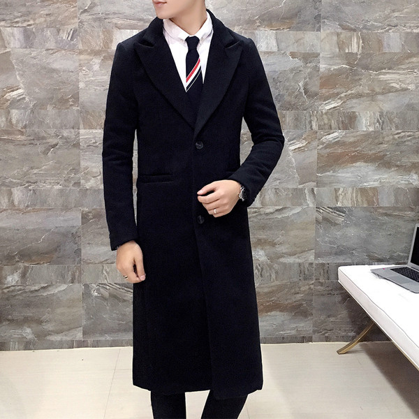 Stílusos férfi hosszú kabát V-alakú gallérral fekete színben
