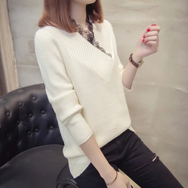 Pulover elegant de damă cu un element - dantelă în cinci culori