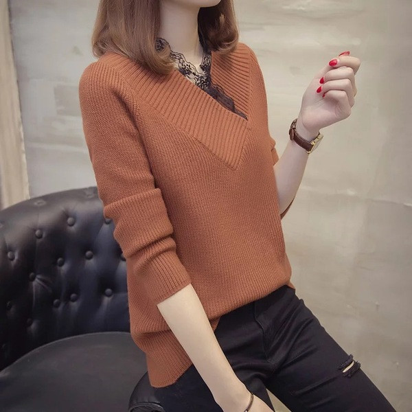 Pulover elegant de damă cu un element - dantelă în cinci culori