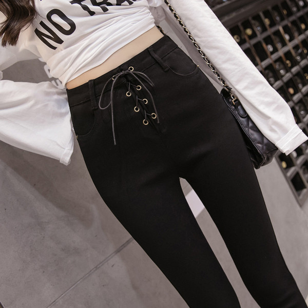 Női nyakkendős nadrág fekete színben - Vékony modell