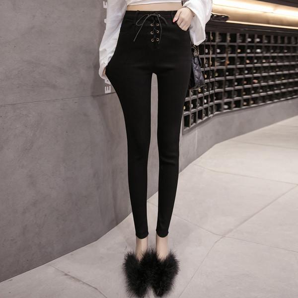 Női nyakkendős nadrág fekete színben - Vékony modell