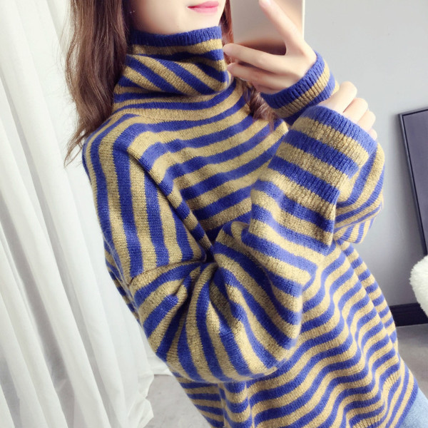 Modern női csíkos blúz magas gallérral, két színben