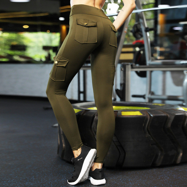 Női sport leggings fekete és zöld zsebekkel