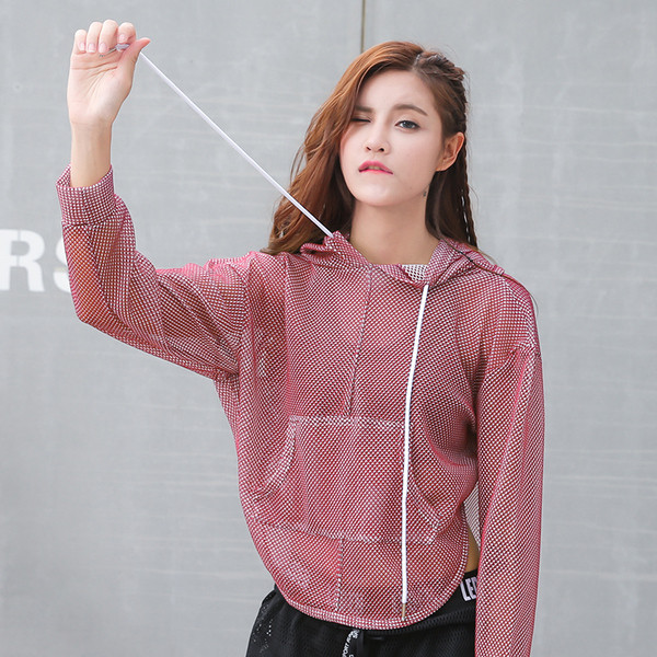 Rózsaszín színű női sportpulóver kapucnival és nyitott háttal