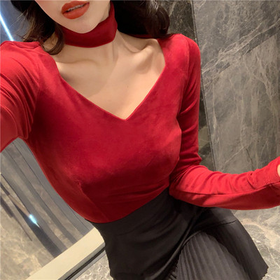 Модерна дамска блуза от кадифе в черен и червен цвят
