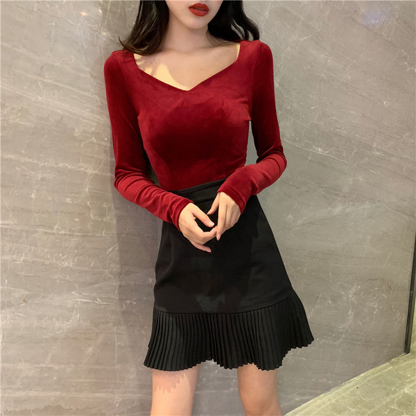 Modern női bársony blúz fekete és piros színben