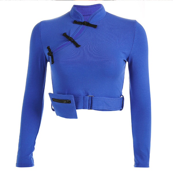 Μοντέρνα γυναικεία μπλούζα με μακριά μανίκια σε μπλε, κόκκινο και μαύρο χρώμα