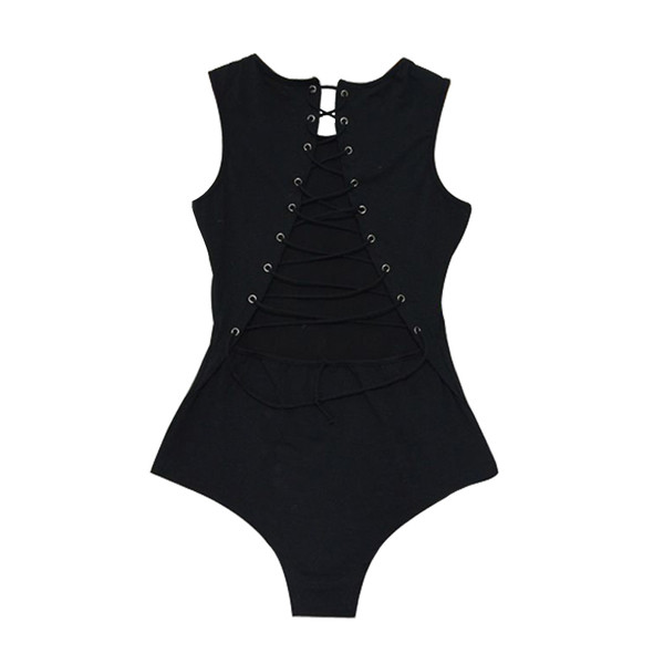 Stílusos női ujjatlan body, hátul fűzős fekete színben