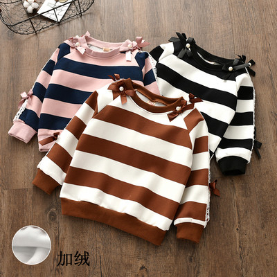 Striped children`s blouse with O-shaped collar in three colors
