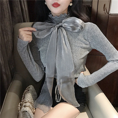 Κομψή γυναικεία μπλούζα με διακοσμητική κορδέλα σε δύο χρώματα