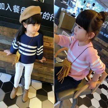 Μοντέρνα παιδική ριγέ μπλούζα για κορίτσια σε μπλε και ροζ χρώμα