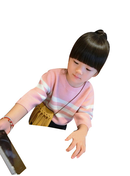 Μοντέρνα παιδική ριγέ μπλούζα για κορίτσια σε μπλε και ροζ χρώμα