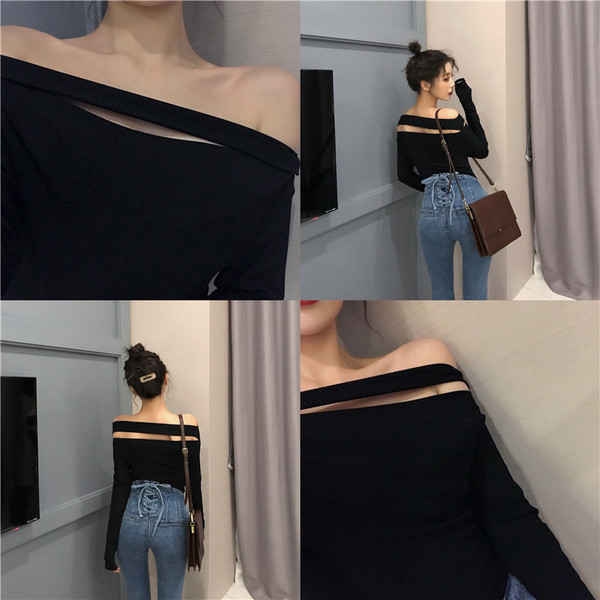 Μοντέρνα γυναικεία μπλούζα με μακρύ μανίκι σε μαύρο χρώμα