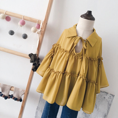 Cămașă actuală pentru copii pentru fete cu mâneci lotus de culoare galbenă