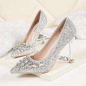 Pantofi de dama eleganti cu efect stralucitor si pietre in patru culori